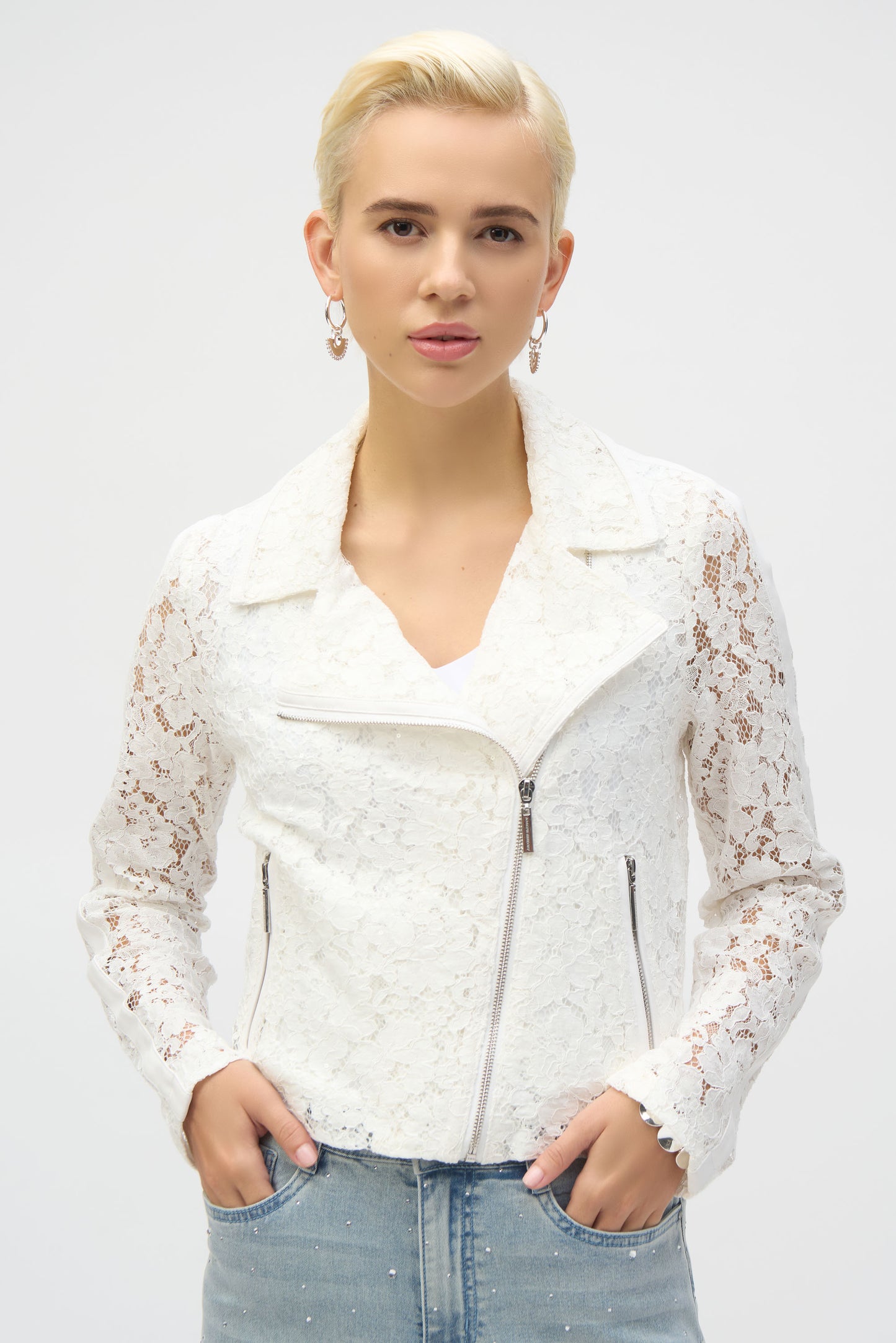 Joseph Ribkoff Lace Fitted Moto Jacket