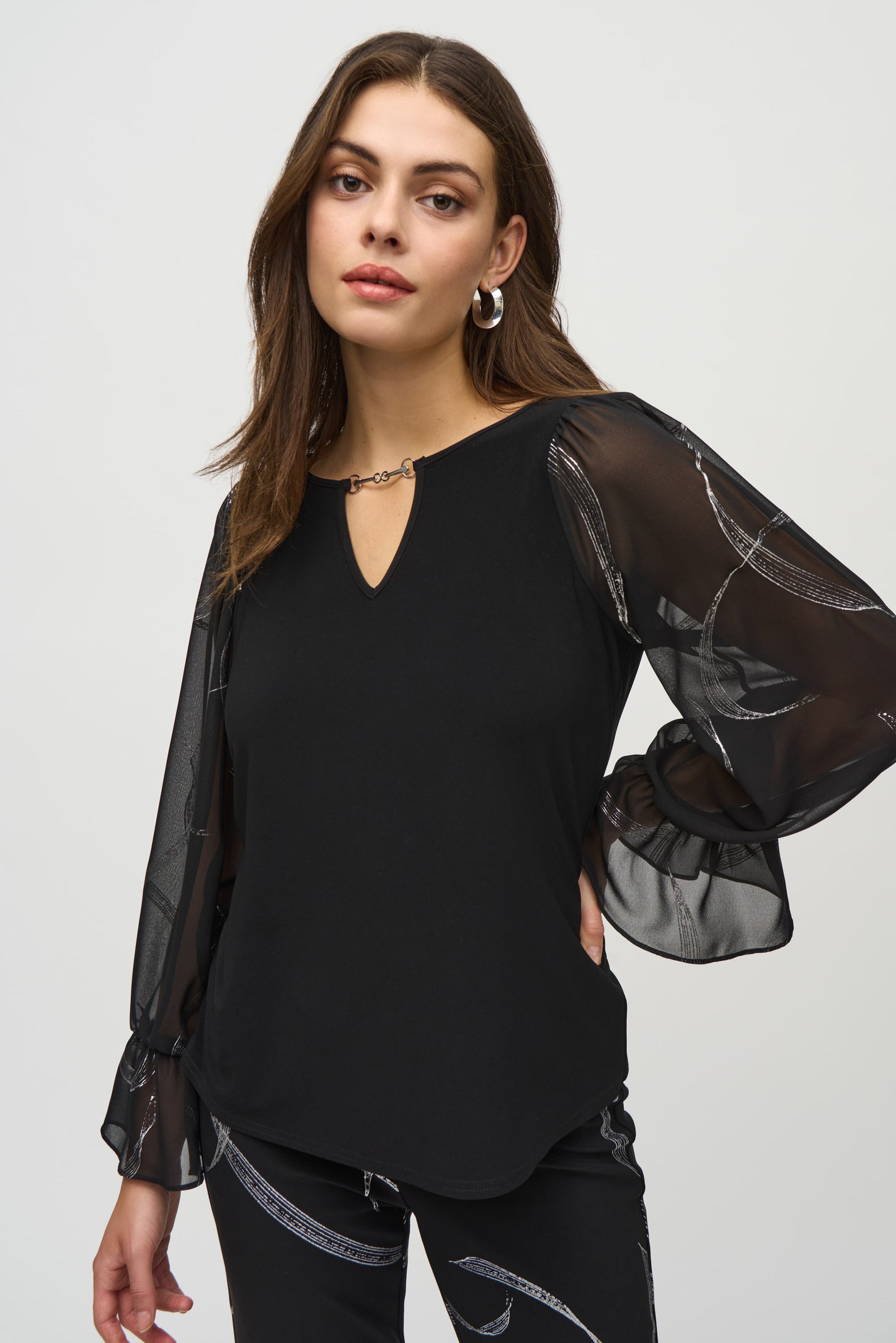 Joseph Ribkoff Silky Knit Top With Foiled Chiffon Sleeves