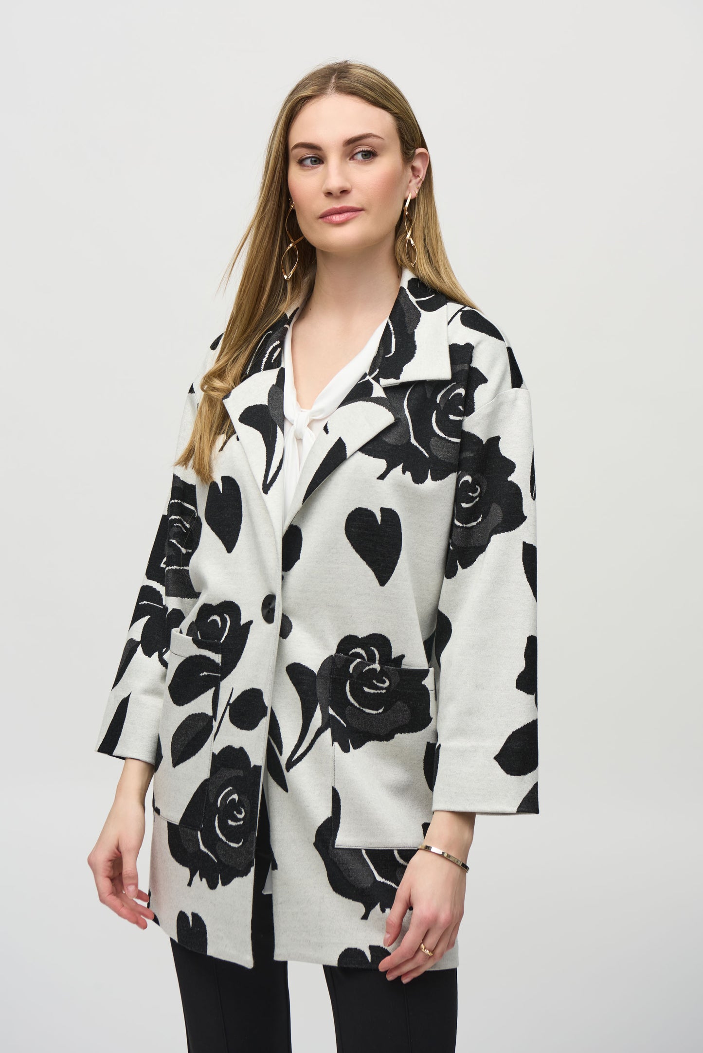 Joseph Ribkoff Jacquard Sweater Floral Straight Coat