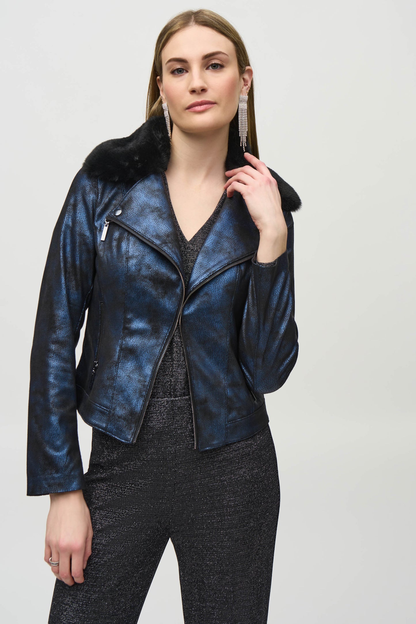 Joseph Ribkoff Foiled Suede Jacket with Faux-Fur Collar