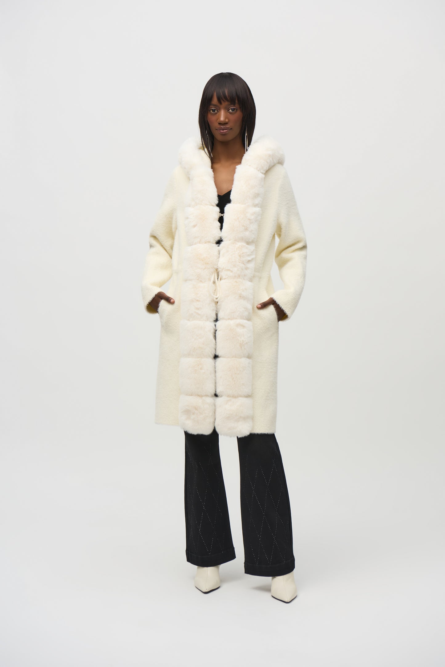 Joseph Ribkoff Sweater Knit and Faux Fur Hooded Coat