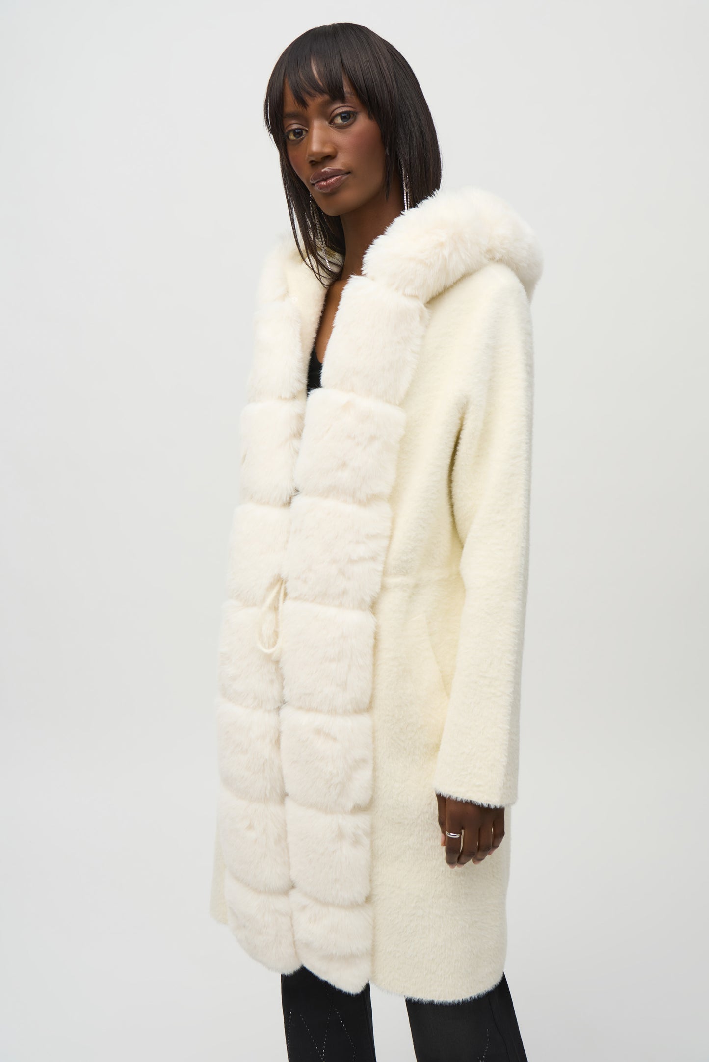 Joseph Ribkoff Sweater Knit and Faux Fur Hooded Coat