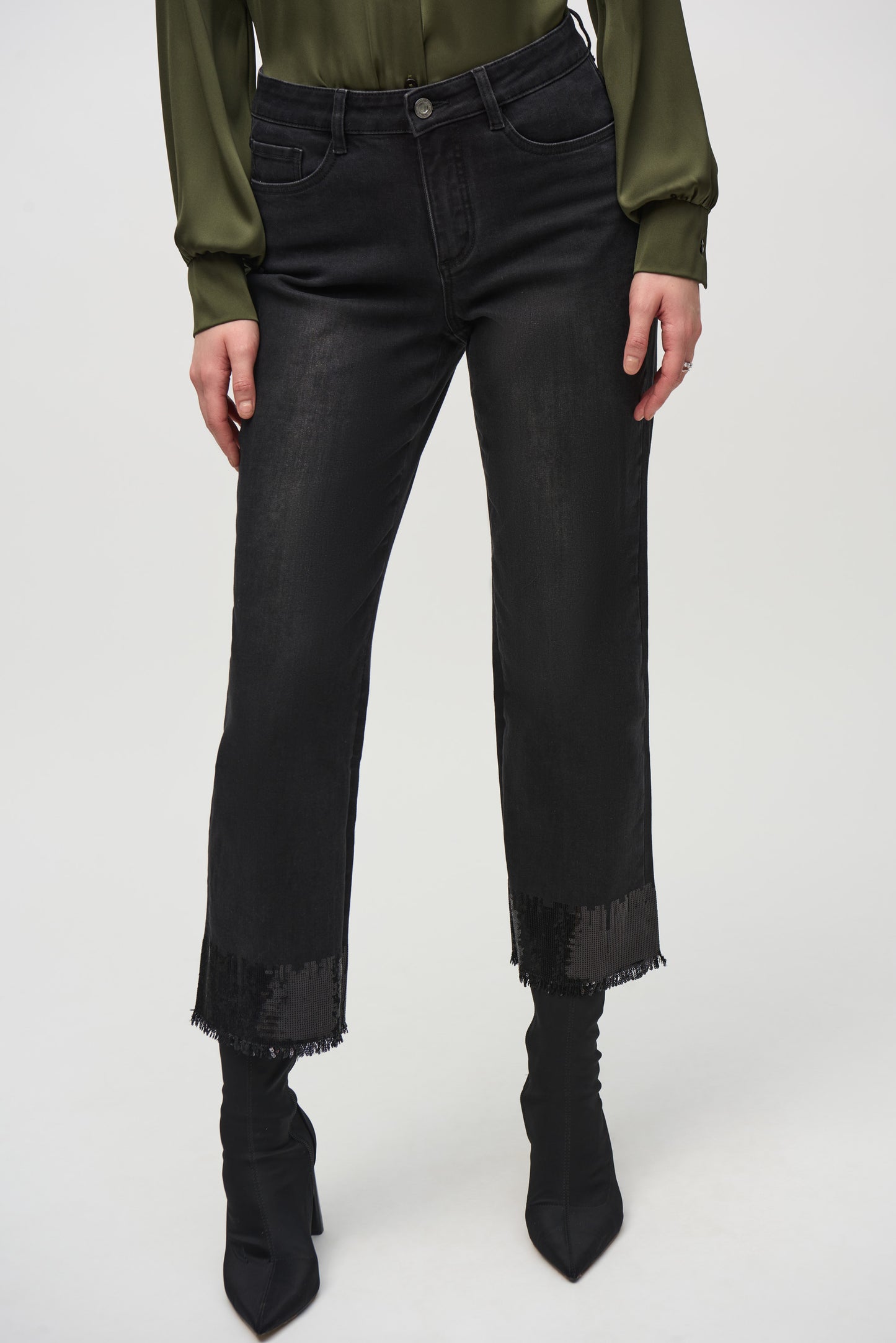 Joseph Ribkoff Straight Crop Denim Pants with Sequin Trim