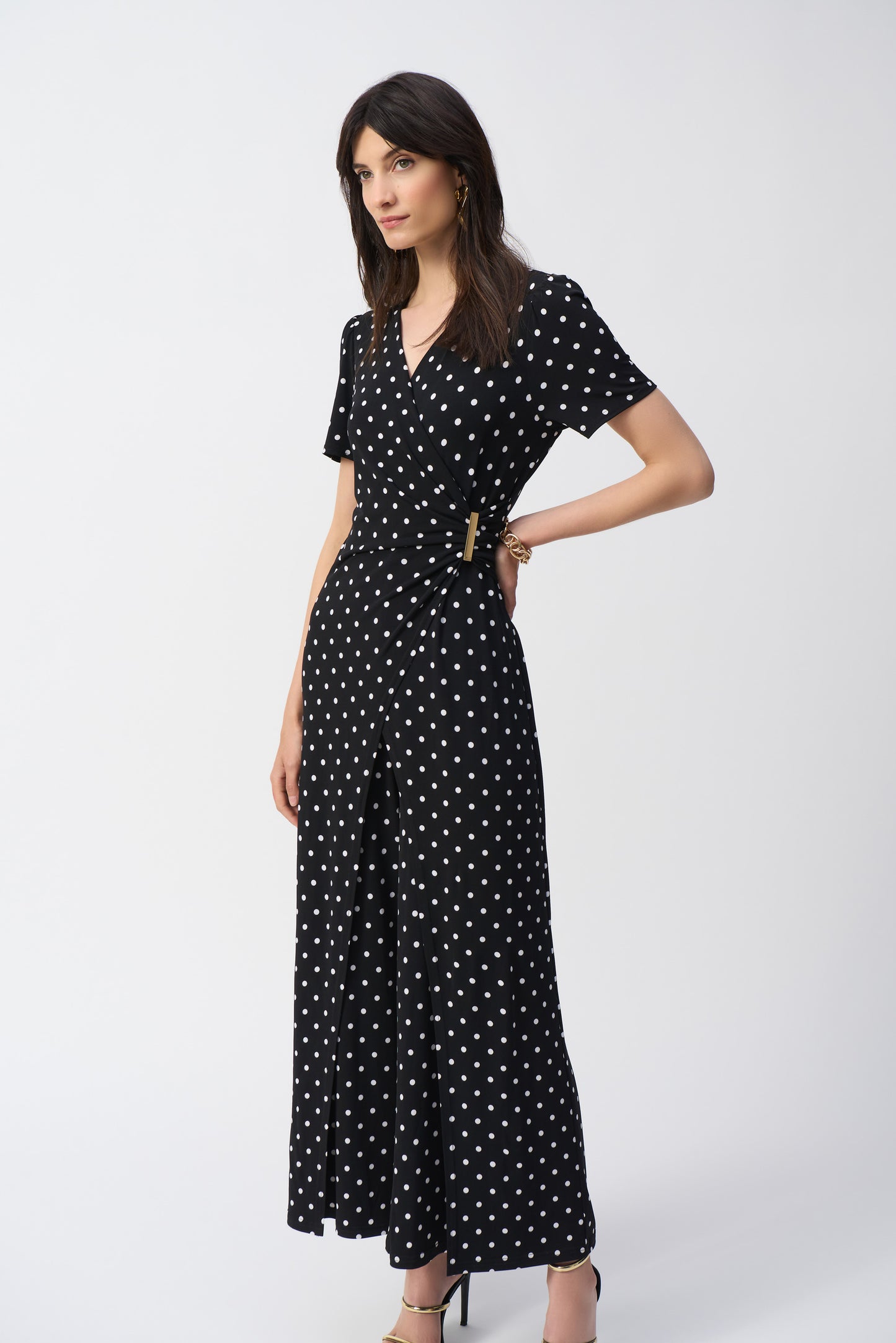 Joseph Ribkoff Silky Knit Dot Print Wrap Culotte Jumpsuit