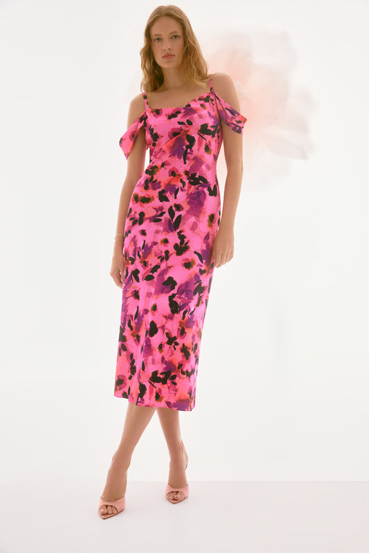 Joseph Ribkoff Satin Floral Sheath Dress with Cold Shoulder