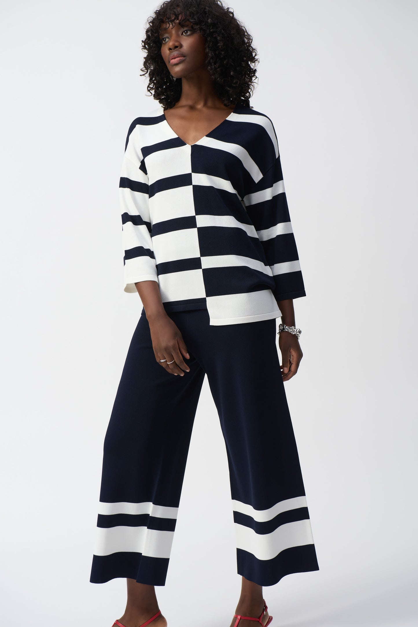 Joseph Ribkoff Striped Sweater Knit V-Neck Pullover