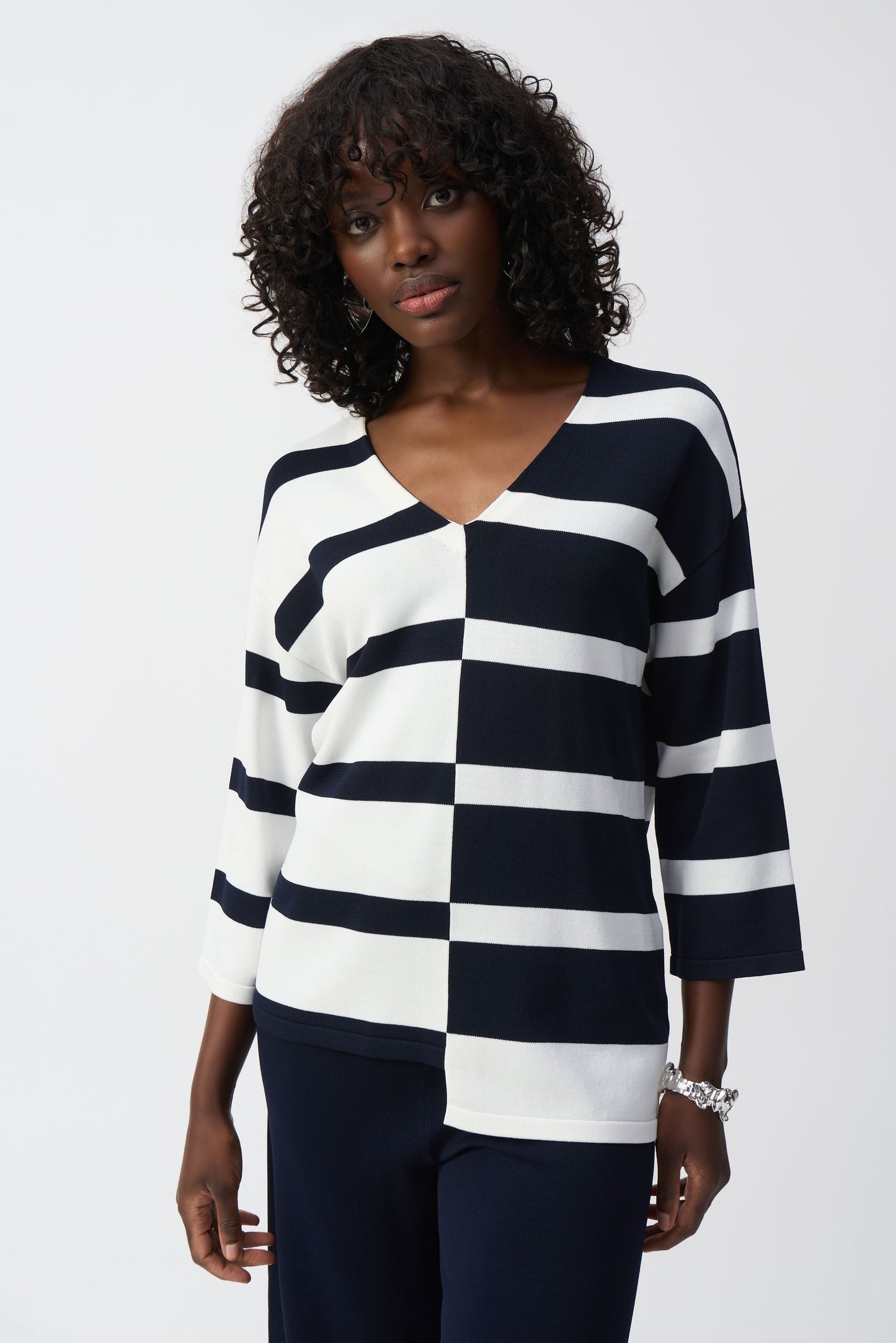 Joseph Ribkoff Striped Sweater Knit V-Neck Pullover