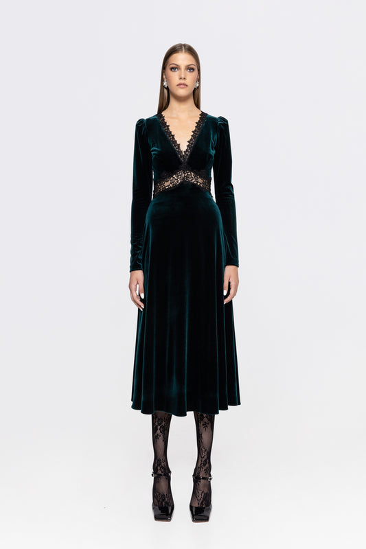 Nissa Lace-insert velvet midi dress